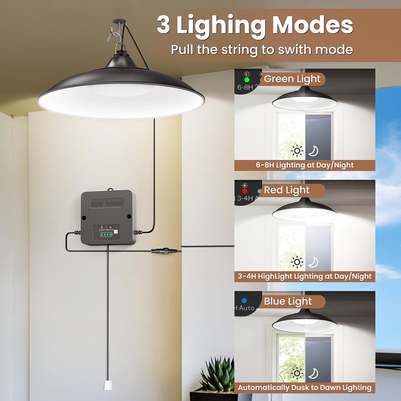 APILAB Solar Shed Light Indoor Outdoor, 2000LM Daytime Available Pendant Light with Pull String, Dusk to Dawn, 3 Lighting Modes Solar Lights Indoor, IP65 Waterproof for Barn, Gazebo, Shop, Garage - Image 5